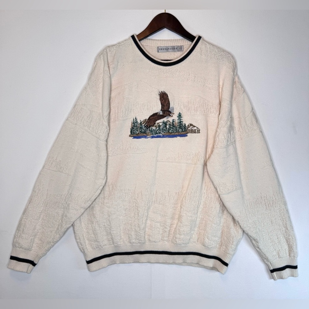 VTG Shenandoah Sweater Cream embroidered Bald Eagle Mountains chunky-knit Sz XXL